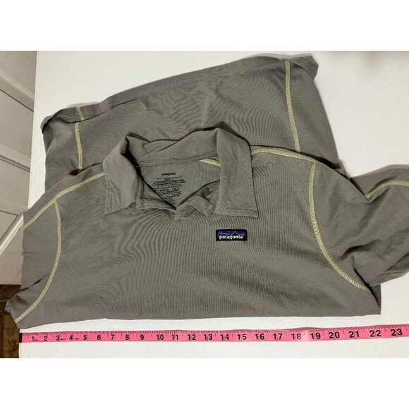 Patagonia Men's Polo Large Gray Shirt Organic Cotton Yellow Stitch Trim V Neck - Picture 6 of 9